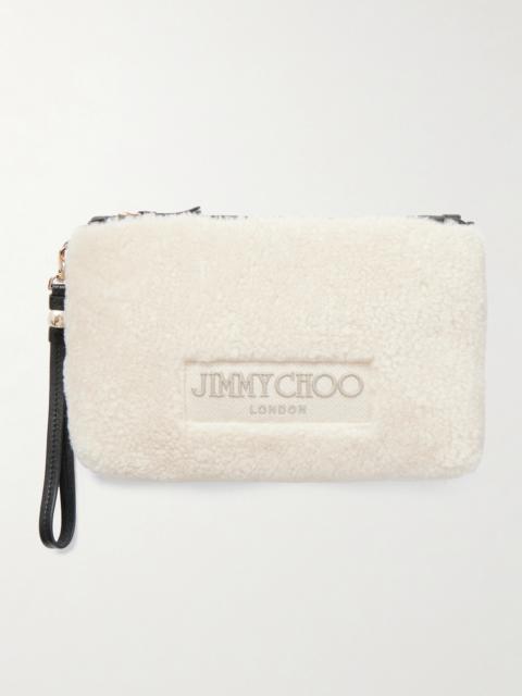 Embroidered Leather-trimmed Shearling Clutch