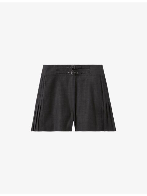 Wide-Pleated Buckled Wool Blend Shorts