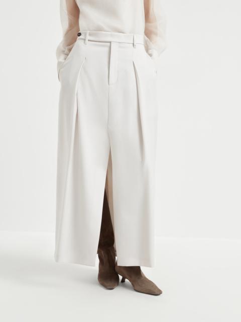 Curved sartorial skirt in virgin wool and mohair twill with monili