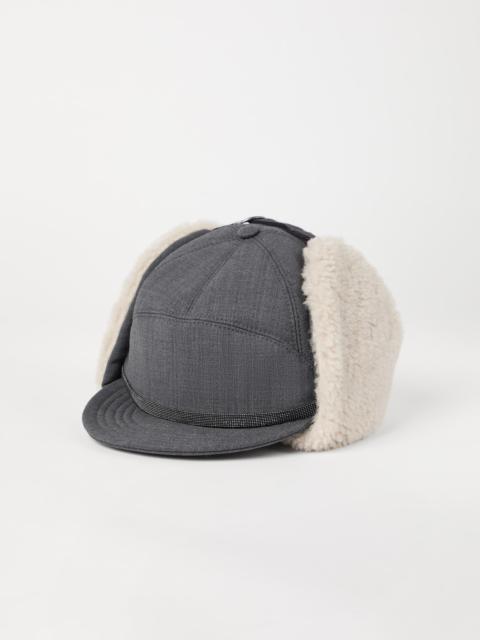 Tropical Luxury wool baseball cap with shearling-lined ear flaps and shiny band