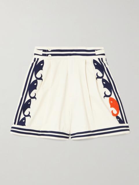 Marine pleated striped embroidered organic cotton shorts Cream