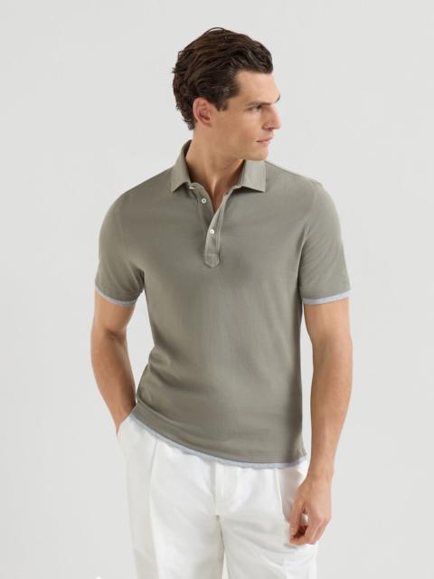Cotton piqué shirt-style collar polo with faux-layering