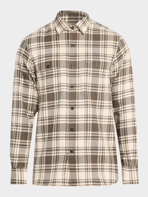 Men's Cotton Plaid Double-Pocket Button-Down Shirt
