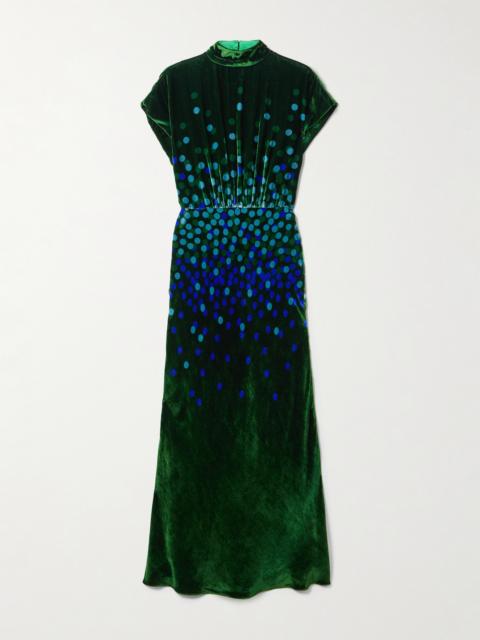 Fabienne Gathered Printed Velvet Midi Dress