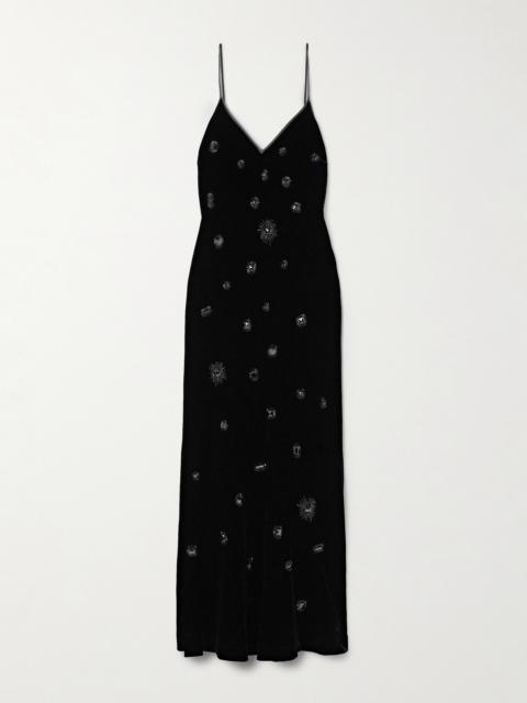 Embellished Silk-satin Trimmed Velvet Midi Dress