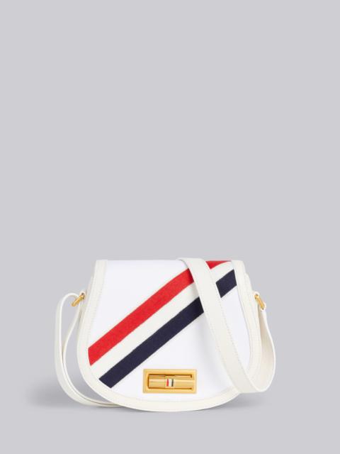 White Cotton Canvas Calfskin Leather Embroidered Diagonal Stripe Small Shoulder Saddle Bag