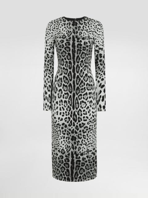 Charmeuse calf-length sheath dress with leopard print