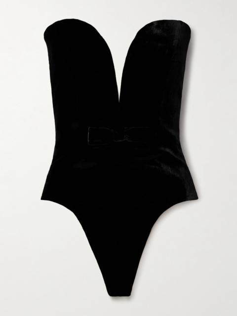 Strapless Bow-embellished Velvet Thong Bodysuit