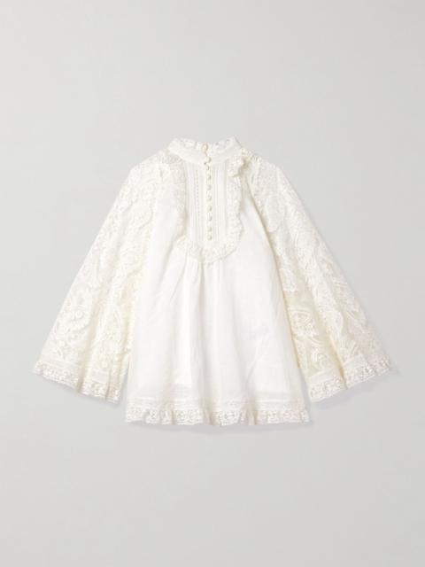 Ascension lace and crochet-trimmed pintucked ramie blouse Cream