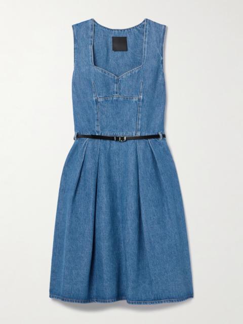 Voyou Belted Pleated Satin-trimmed Denim Mini Dress