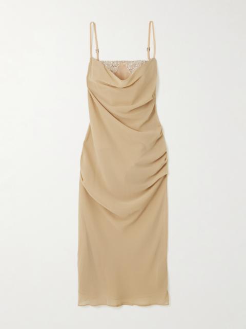 Crystal-embellished Draped Crepe Midi Bustier Dress