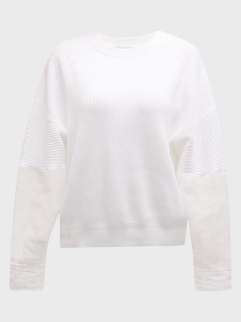 Cotton Ribbed Crewneck with Organza Sleeve Detail