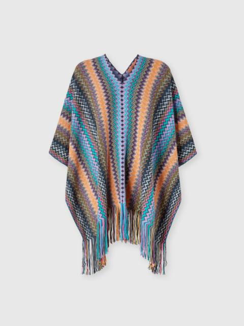 Wool-blend zigzag poncho with fringes