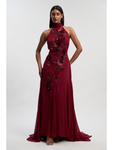 Georgette Feather Embellished Halter Neck Woven Maxi Dress