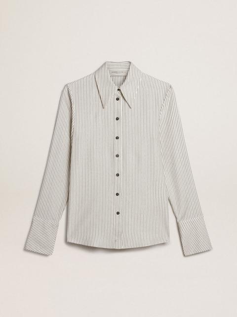 Women’s white viscose shirt with narrow black stripes