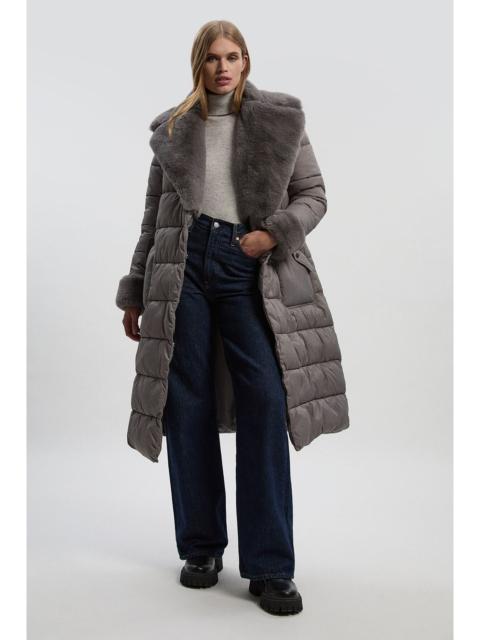 Faux Fur Lined Belted Longline Puffer Coat