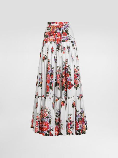 Flower bouquet-print poplin long skirt