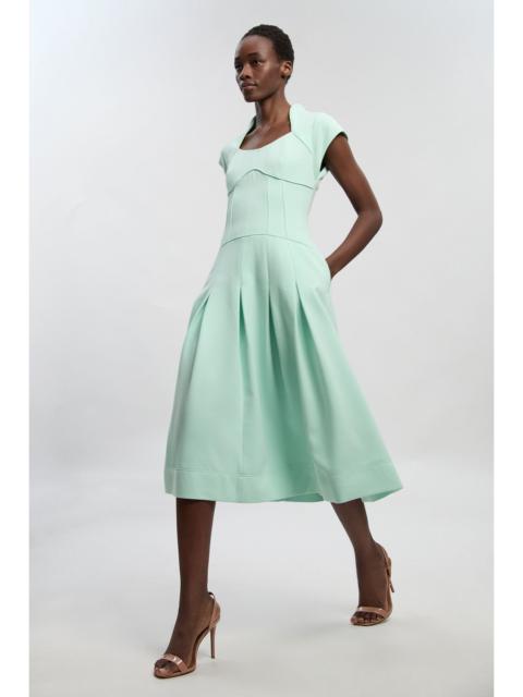 Compact Stretch Dropped Waist Full Skirted Midi Dress