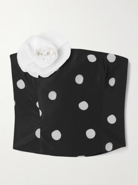 Lena Cropped Appliquéd Polka-dot Taffeta Bustier Top