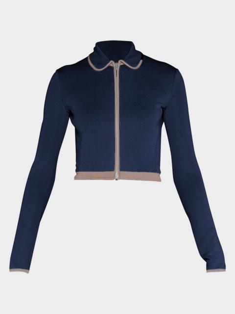 Peter Pan-Collar Striped-Edge Crop Zip Jacket