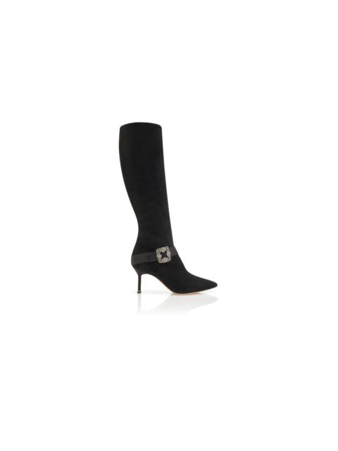 Black Suede Jewel Buckle Knee High Boots