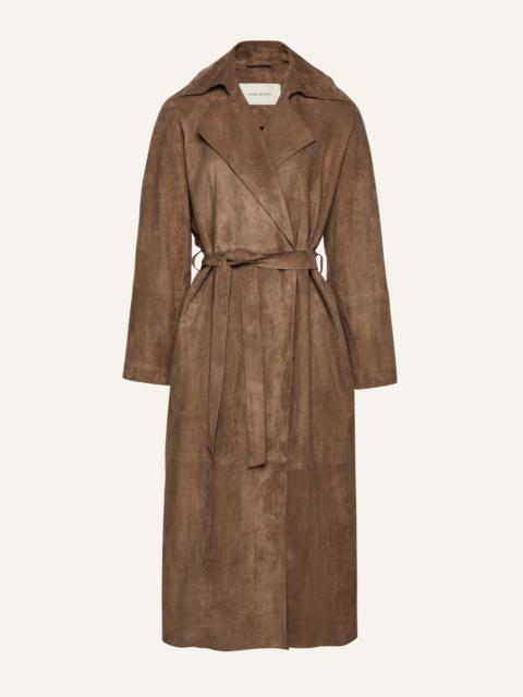Belted leather wrap coat in beige suede