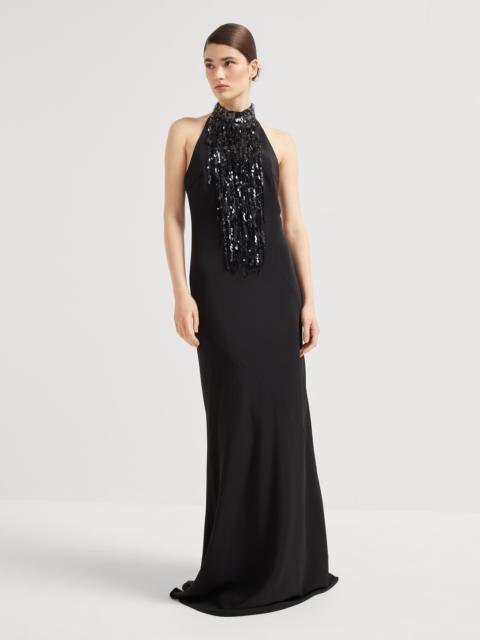 Silk and acetate crêpe cady long dress with glistening waterfall embroidery