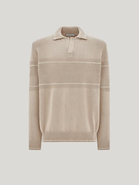 BEIGE LONG-SLEEVED COTTON POLO SHIRT WITH CONTRASTING STITCHING
