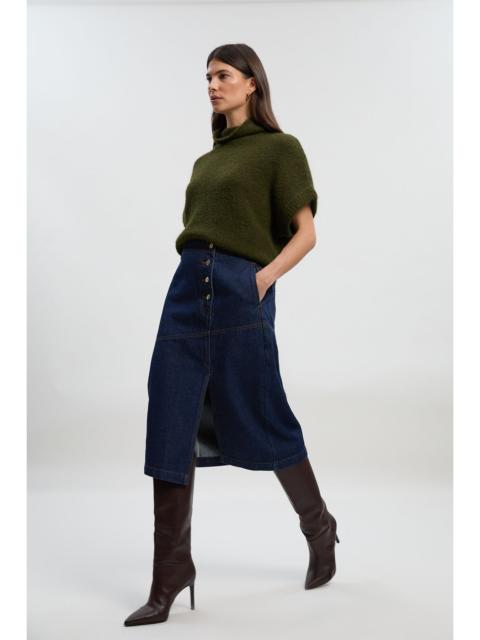 Denim Asymmetric Button Front A line Skirt