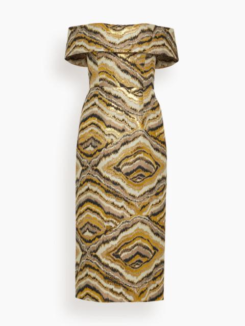 Gloria Jacquard Off The Shoulder Midi Dress in Metallic Woodgrain