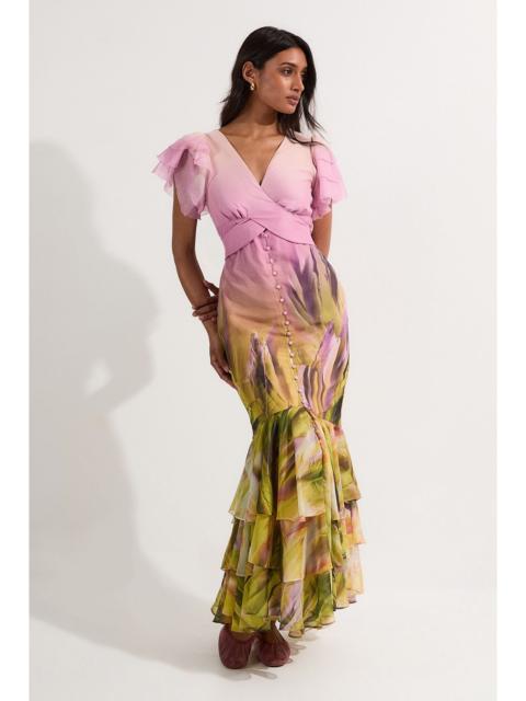 Ombre Floral Ruffle Sleeve Button Through Maxi Dress