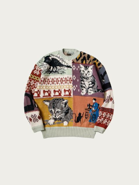 5G Cotton Knit Patchwork BIG Crew Sweater(Cat&Raven) - Mint