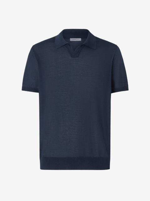Navy blue buttonless pure silk polo shirt