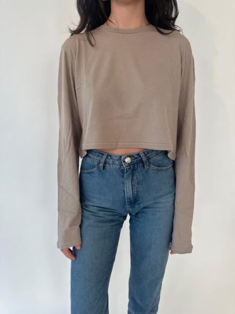 KHAKI COTTON CROPPED LONG SLEEVE TEE