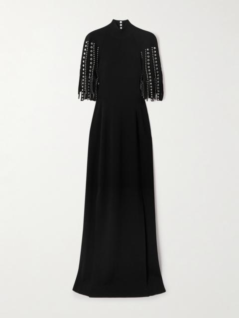 Fringed Cape-effect Studded Knitted Turtleneck Gown
