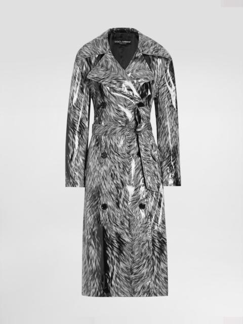 Fur-print coated satin trench coat
