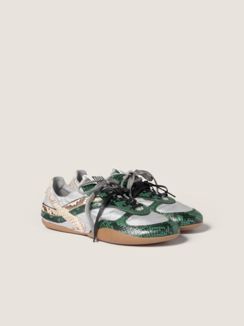 Gymnasium technical fabric and python-print Ayers leather sneakers