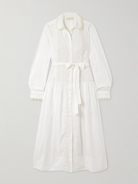 Ariane Belted Crocheted-trimmed Cotton-poplin Midi Dress