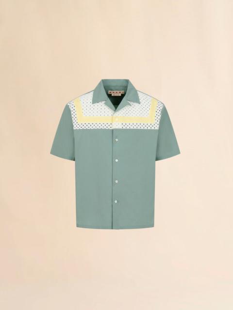GREEN COTTON-NYLON SHIRT WITH BRODERIE ANGLAISE YOKE