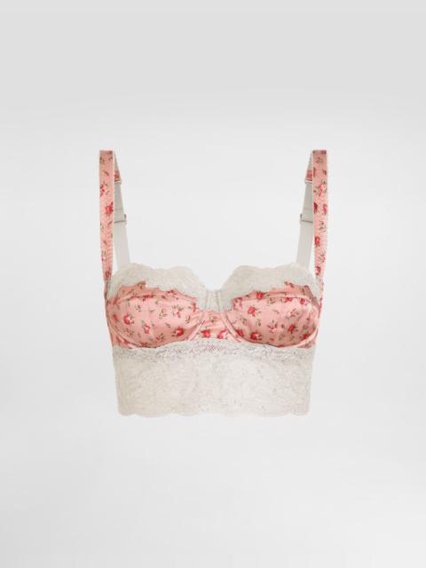 Small rose-print satin and lace balconette