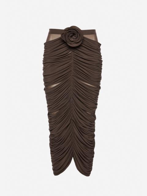 Draped flower-detail midi skirt in brown