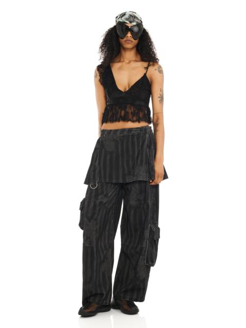 BLACK WAVY FLOWER STRIPE LAWN SKIRT CARGO PANT
