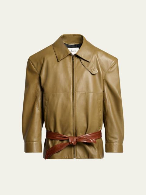 Strong-Shoulder Belted Leather Jacket