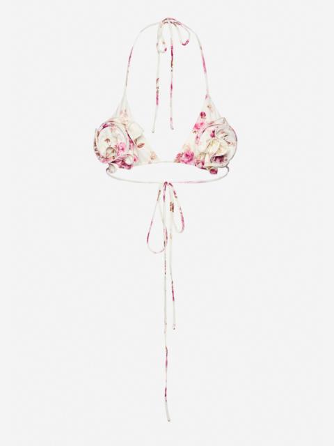 Strappy triangle bikini top in cream floral print