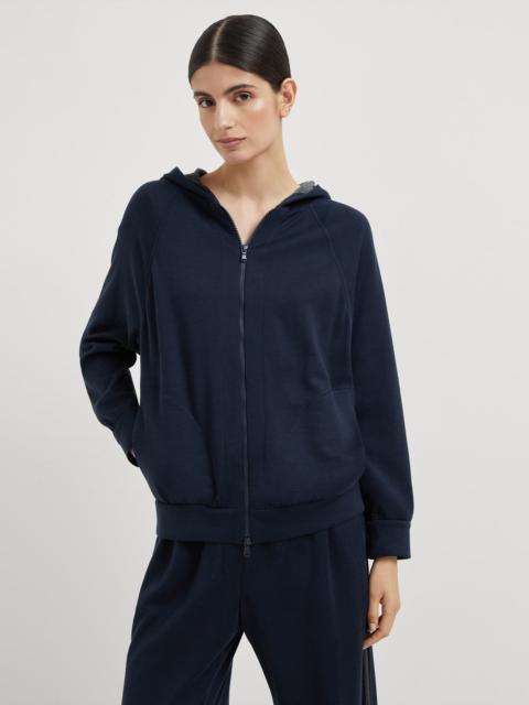 Cotton and silk interlock hooded sweatshirt with precious stripe
