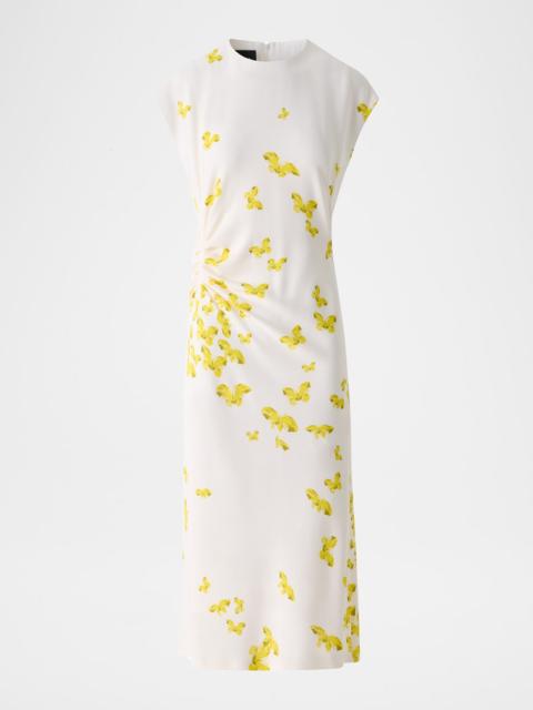 Exclusive Butterfly-Print Viscose Crepon Ruched Midi Dress With Scarf