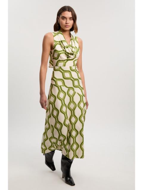 Geo Print Cowl Neck Sleeveless Crepe Woven Maxi Dress