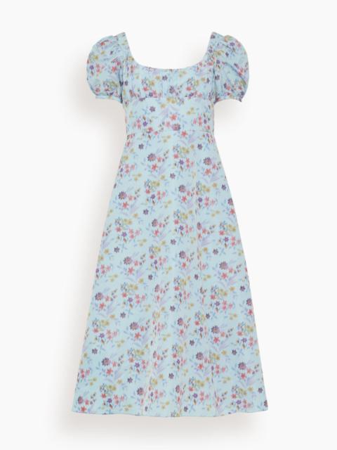 Elora Ikat Puff Sleeve A-Line Midi Dress in Blue and Pink Floral