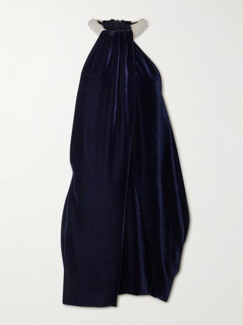 Embellished Draped Velvet Halterneck Mini Dress