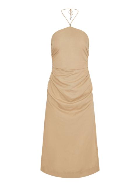 Air Linen Ruched Halter Dress tan